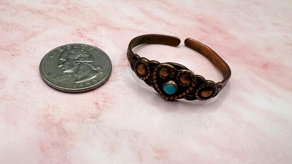 Vintage 1950s Copper Baby Cuff Bracelet Southwestern Heart Faux Turquoise 4 1/4"